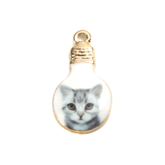 亜鉛合金 チャーム 電球 金メッキ グレー 猫彫刻 エナメル 22mm x 12mm、 10 個 の画像