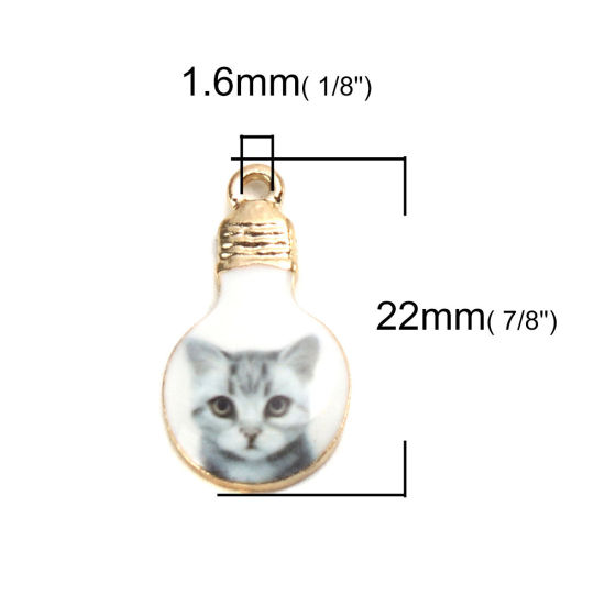 Picture of Zinc Based Alloy Charms Bulb Gold Plated Gray Cat Enamel 22mm x 12mm, 10 PCs