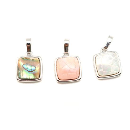Picture of 1 Piece Natural Shell & Brass Charm Pendant Silver Plated Square White Crack 19mm x 12mm