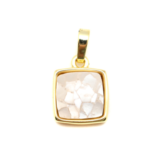 Picture of 1 Piece Natural Shell & Brass Charm Pendant Gold Plated Square White Crack 19mm x 12mm