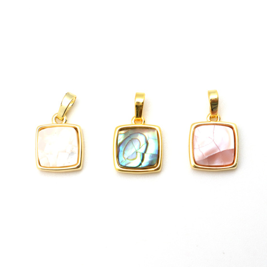 Picture of 1 Piece Natural Shell & Brass Charm Pendant Gold Plated Square White Crack 19mm x 12mm