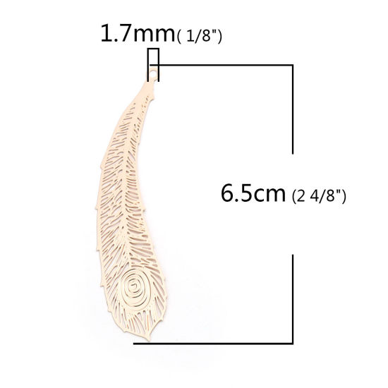 真鍮 ペンダント 金メッキ ピーコックフェザー 透かしパーツ 6.5cm x 1.6cm、 10 個 の画像