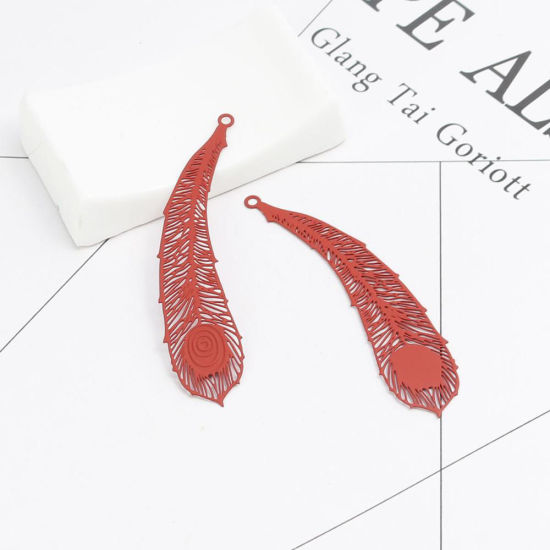 真鍮 ペンダント 金メッキ ピーコックフェザー 透かしパーツ 6.5cm x 1.6cm、 10 個 の画像