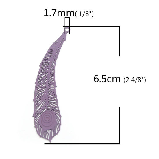 真鍮 ペンダント 紫 ピーコックフェザー 透かしパーツ 6.5cm x 1.6cm、 10 個 の画像