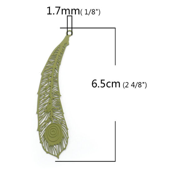 真鍮 ペンダント 紫 ピーコックフェザー 透かしパーツ 6.5cm x 1.6cm、 10 個 の画像