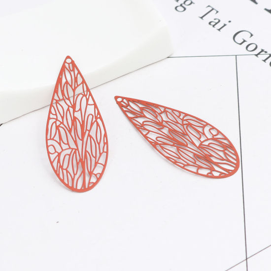 Image de Pendentifs en Laiton Libellule Rouge Orangé Ailes Estampe en Filigrane 4.5cm x 1.7cm, 10 Pcs                                                                                                                                                                  