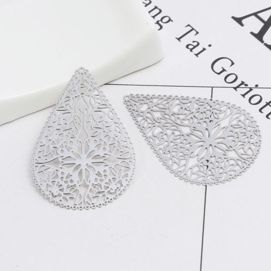 Immagine di Ottone Ciondoli Tono Argento Goccia Fiore Filigrana 4cm x 2.7cm, 10 Pz