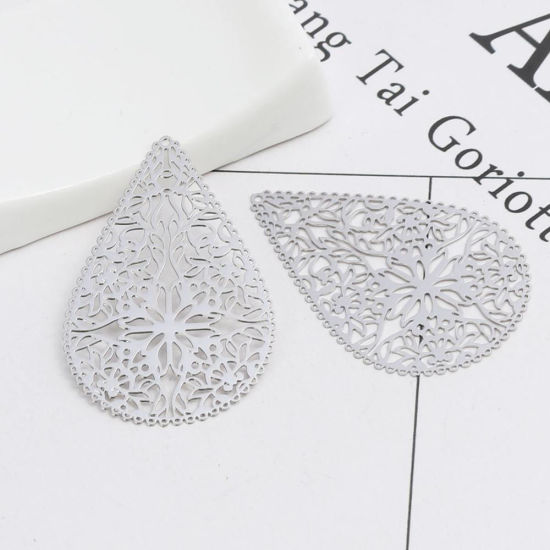 Immagine di Ottone Ciondoli Tono Argento Goccia Fiore Filigrana 4cm x 2.7cm, 10 Pz