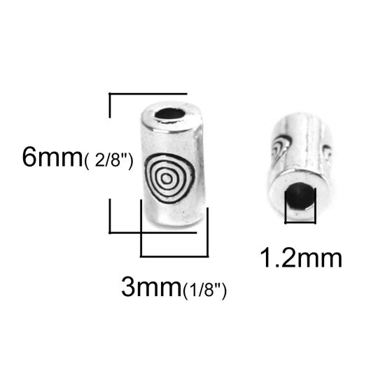 Immagine di Lega di Zinco Perline Cilindrico Argento Antico Circolo Scolpisce Circa 6mm x 3mm, Foro:Circa 1.2mm, 500 Pz