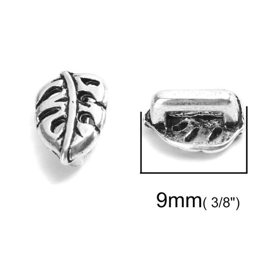 Immagine di Lega di Zinco Perline Foglia Argento Antico Filigrana Circa 9mm x 7mm, Foro:Circa 5mm x 1.9mm, 50 Pz