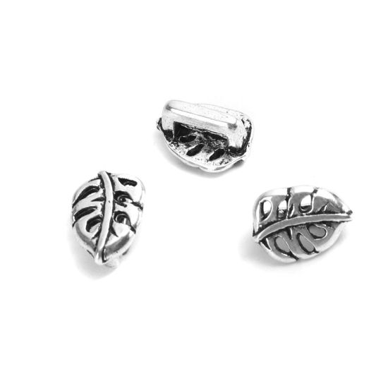 Immagine di Lega di Zinco Perline Foglia Argento Antico Filigrana Circa 9mm x 7mm, Foro:Circa 5mm x 1.9mm, 50 Pz