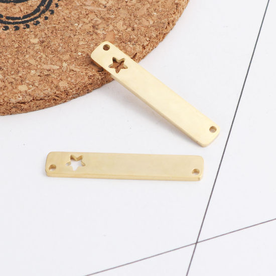 Immagine di 304 Acciaio Inossidabile Connettore Rettangolo Oro Placcato Stella a Cinque Punte Filigrana 35mm x 6mm, 2 Pz