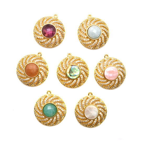 Picture of 1 Piece Natural Shell & Brass Charms Gold Plated White Round Spiral Clear Cubic Zirconia 22mm x 20mm