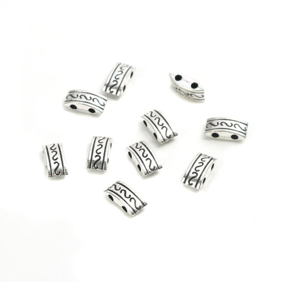 Immagine di Lega di Zinco Perline Due Fori Rettangolo Argento Antico Modello di S Scolpisce Circa 10mm x 5mm, Foro:Circa 1.5mm, 100 Pz