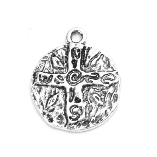 Picture of Zinc Based Alloy Charms Round Antique Silver Color Cross 20mm x 17mm, 20 PCs