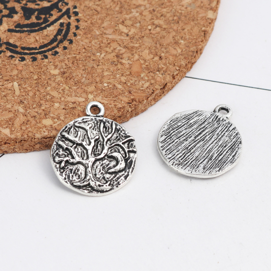 Picture of Zinc Based Alloy Charms Round Antique Silver Color Tree 21mm x 18mm, 10 PCs