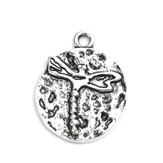 Picture of Zinc Based Alloy Charms Round Antique Silver Color Dragonfly 21mm x 17mm, 10 PCs