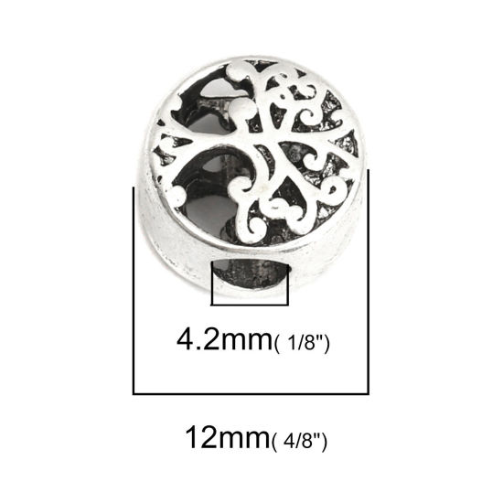 Immagine di Lega di Zinco Perline Tondo Argento Antico Albero Scolpisce Filigrana Circa 12mm Dia, Foro:Circa 4.2mm, 10 Pz