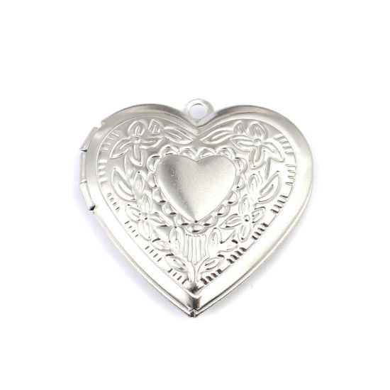Picture of 304 Stainless Steel Charms Heart Silver Tone Carved Pattern (Fits 21mmx17mm) 29mm x 29mm, 1 Piece