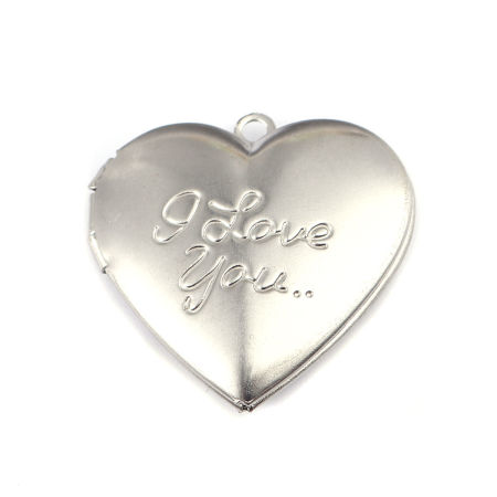 Picture of 304 Stainless Steel Charms Heart Silver Tone Message " I Love you " (Fits 22mm x 16mm) 29mm x 29mm, 1 Piece