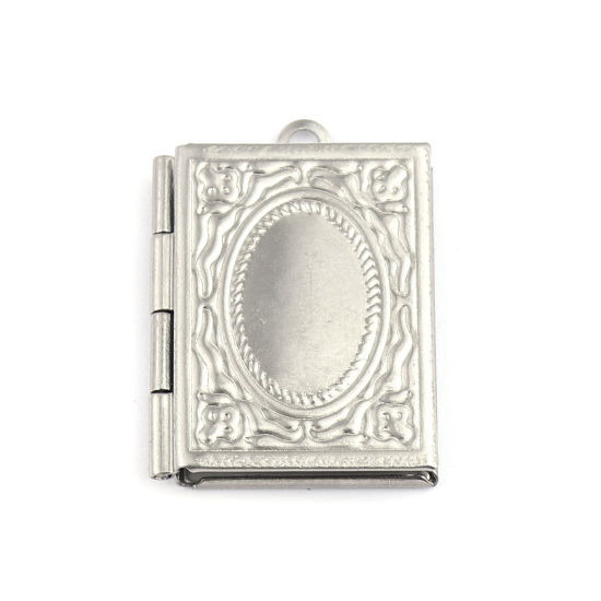 Picture of 304 Stainless Steel Charms Rectangle Silver Tone Carved Pattern (Fits 14mmx9mm) 26mm x 19mm, 5 PCs