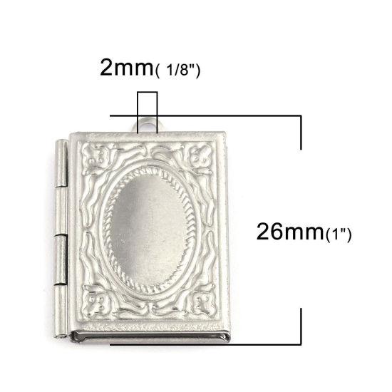 Picture of 304 Stainless Steel Charms Rectangle Silver Tone Carved Pattern (Fits 14mmx9mm) 26mm x 19mm, 5 PCs