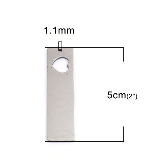 Picture of 304 Stainless Steel Pendants Rectangle Silver Tone Heart Hollow 5cm x 1.3cm, 10 PCs