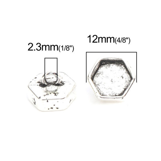 Bild von Zinklegierung Schnur Endkappen für Halskette oder Armband Hexagon Antiksilber (für 9.5mm x 8.5mm Schnur) 12mm x 8mm, 50 Stück