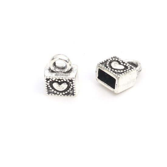 Picture of Zinc Based Alloy Cord End Caps Rectangle Antique Silver Color Heart (Fits 4.2mm x 2mm Cord) 8mm x 6mm, 100 PCs