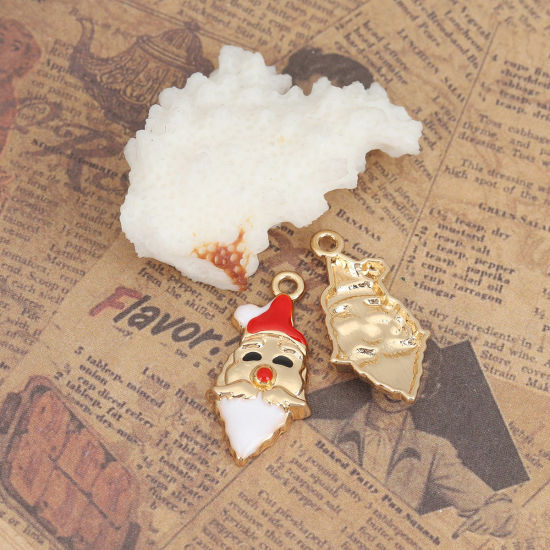 Imagen de Zamak Colgantes Charms Papa Noél Navidad Chapado en Oro Blanco & Rojo Esmalte 27mm x 13mm, 10 Unidades