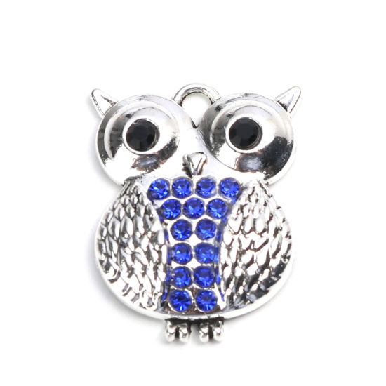 Picture of Zinc Based Alloy Pendants Owl Animal Silver Tone Blue & Black Rhinestone 3cm x 2.4cm, 5 PCs