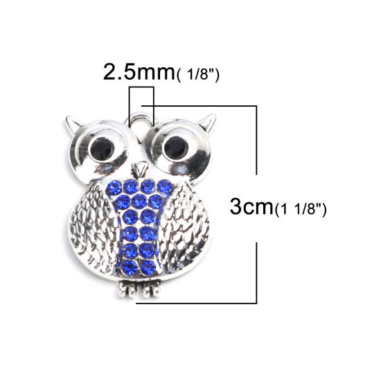 Picture of Zinc Based Alloy Pendants Owl Animal Silver Tone Blue & Black Rhinestone 3cm x 2.4cm, 5 PCs