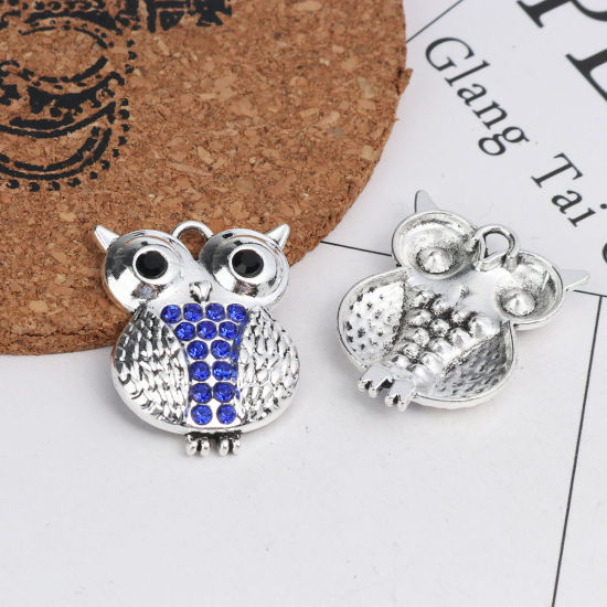 Picture of Zinc Based Alloy Pendants Owl Animal Silver Tone Blue & Black Rhinestone 3cm x 2.4cm, 5 PCs