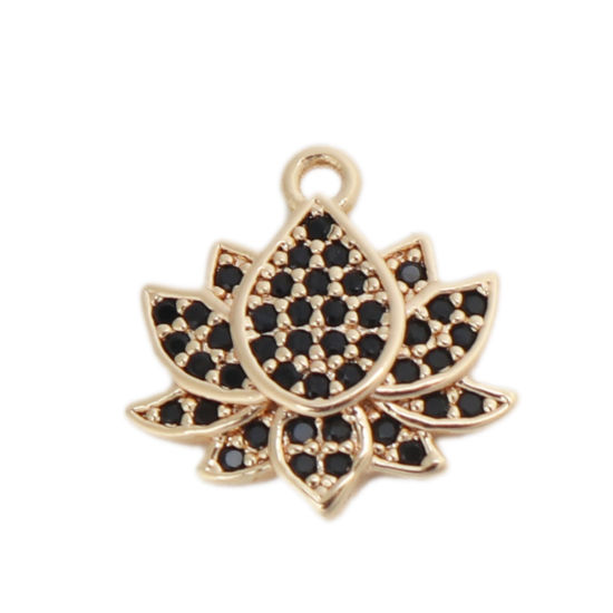 Image de Breloques en Laiton Fleur de Lotus Plaqué Or Véritable 18K à Strass Noir 13mm x 13mm, 1 Pièce