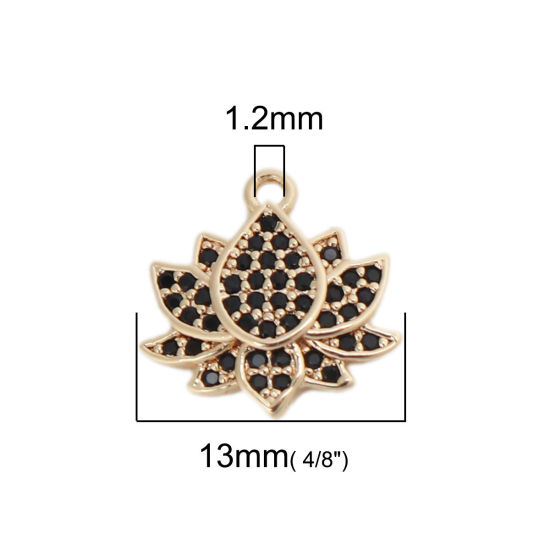 Image de Breloques en Laiton Fleur de Lotus Plaqué Or Véritable 18K à Strass Noir 13mm x 13mm, 1 Pièce