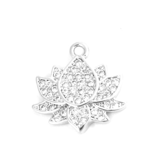 Picture of Brass Charms 18K Real Platinum Plated Lotus Flower Clear Rhinestone 13mm x 13mm, 1 Piece                                                                                                                                                                      