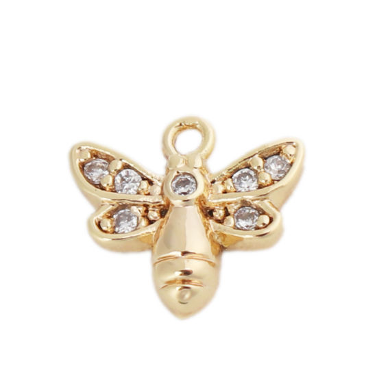 Picture of Brass Charms 18K Real Gold Plated Bee Animal Clear Rhinestone 10mm x 9mm, 2 PCs