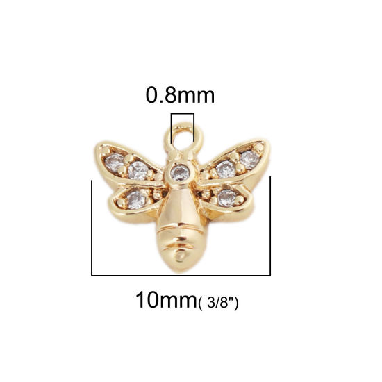 Image de Breloques en Laiton Abeille Plaqué Or Véritable 18K à Strass Transparent 10mm x 9mm, 2 Pcs