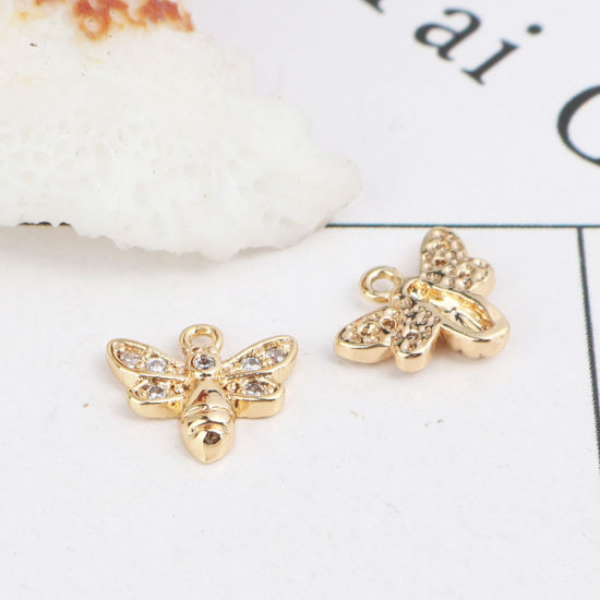 Image de Breloques en Laiton Abeille Plaqué Or Véritable 18K à Strass Transparent 10mm x 9mm, 2 Pcs