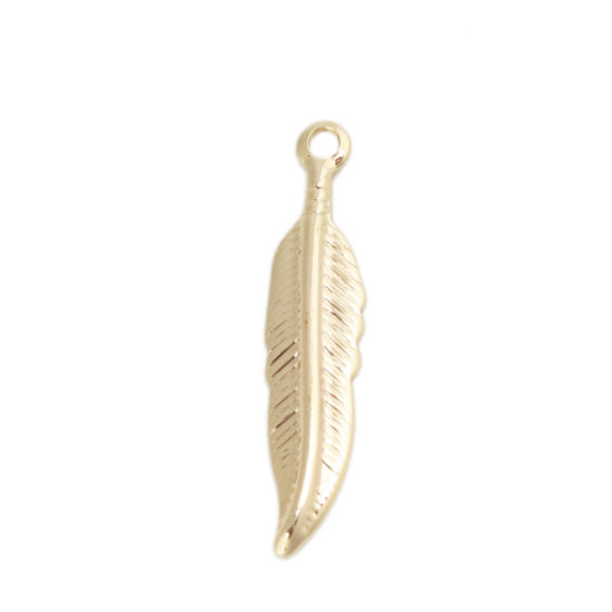 Picture of Brass Charms 18K Real Gold Plated Feather 21mm x 5mm, 5 PCs                                                                                                                                                                                                   