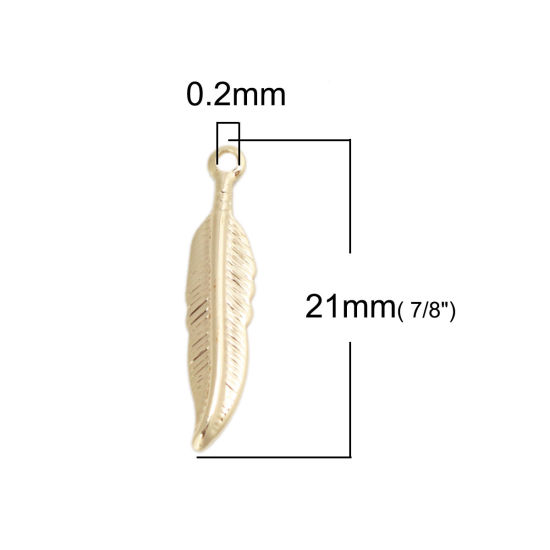 Picture of Brass Charms 18K Real Gold Plated Feather 21mm x 5mm, 5 PCs                                                                                                                                                                                                   