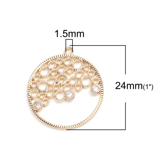 Image de Breloques en Laiton Rond Plaqué Or Véritable 18K Fleurs Creuses à Strass Transparent 24mm x 22mm, 2 Pcs