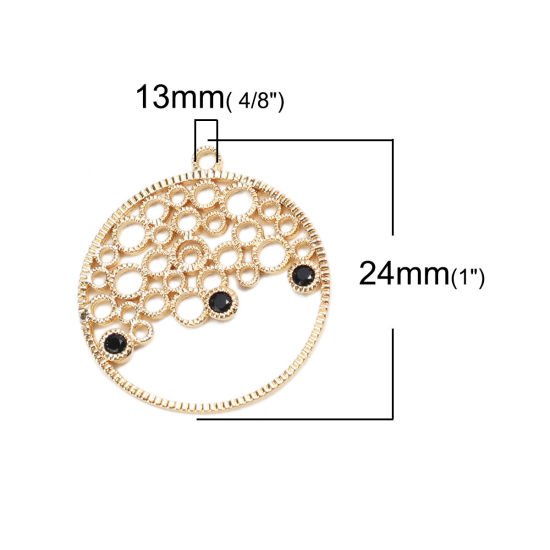 Image de Breloques en Laiton Rond Plaqué Or Véritable 18K Fleurs Creuses à Strass Noir 24mm x 22mm, 2 Pcs