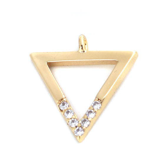 Picture of Brass Charms 18K Real Gold Plated Triangle Hollow Clear Rhinestone 13mm x 12mm, 2 PCs