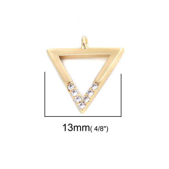 Picture of Brass Charms 18K Real Gold Plated Triangle Hollow Clear Rhinestone 13mm x 12mm, 2 PCs