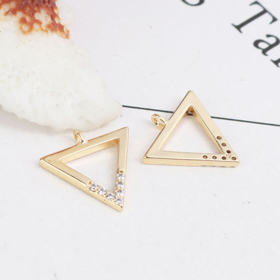 Picture of Brass Charms 18K Real Gold Plated Triangle Hollow Clear Rhinestone 13mm x 12mm, 2 PCs