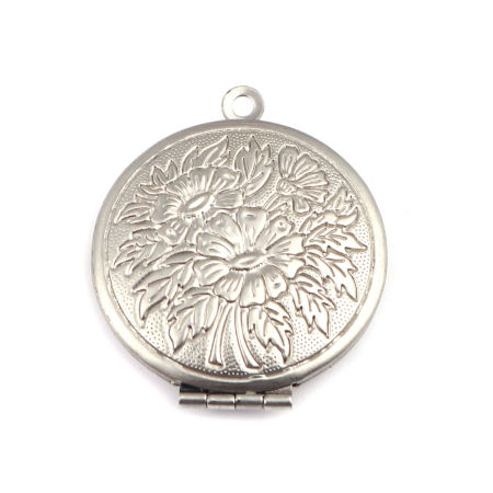 Picture of 304 Stainless Steel Pendants Round Disc Silver Tone Flower (Fits 19mm Dia.) 3.2cm x 2.7cm, 1 Piece
