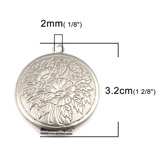 Picture of 304 Stainless Steel Pendants Round Silver Tone Flower (Fits 19mm Dia.) 3.2cm x 2.7cm, 1 Piece