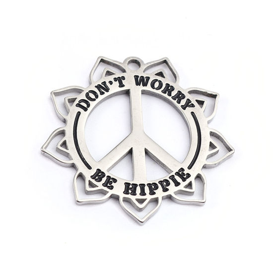 Picture of 304 Stainless Steel Pendants Flower Silver Tone Peace Symbol Hollow 3cm x 2.9cm, 1 Piece