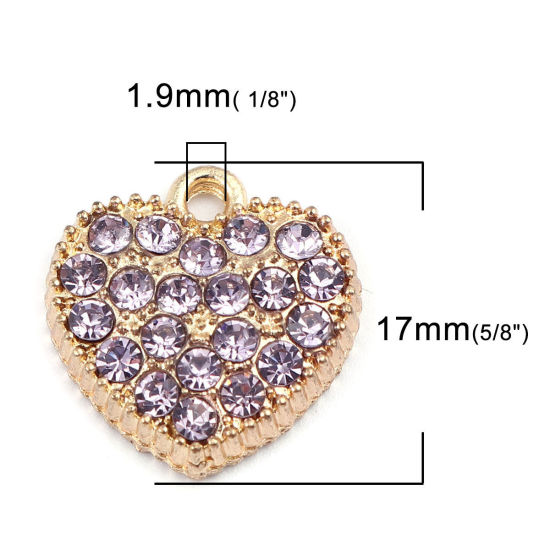 Imagen de Zamak Colgantes Charms Corazón Chapado en Oro Amatista Rhinestone 17mm x 17mm, 5 Unidades